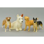FOUR BESWICK DOGS, 'Dog-seated' No286 (white/tan ear), Alsatian 'Ulrica of Brittas' No969, Boxer '