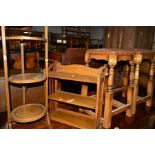 AN OAK THREE TIER HANGING BOOKSHELF, an oak cake stand and two bar stools (4)