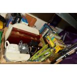 THREE BOXES AND LOOSE SUNDRY ITEMS, to include games, artists materials, teasmaid, fishing rod '