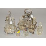 A SIX BOTTLE RECTANGULAR SILVER PLATED CRUET, together with a circular four bottle cruet (2)