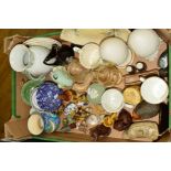 A BOX OF CERAMICS, GLASS, etc, to include Wade whimsies, Hedgehog, dishes, etc, a pair of Franklin