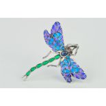 A PLIQUE A JOUR DRAGONFLY BROOCH, the wings with blue and purple plique a jour enamel and green