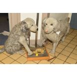 THREE TOY DOGS TO INCLUDE A LARGE MODERN STANDING SOFT TOY DOG, grey plush hound, plastic eyes (