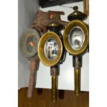 A PAIR OF CARRIAGE LAMPS, tinplate and brass, three aspect, no makers mark, both have been converted