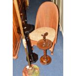 A LLOYD LOOM BEDROOM CHAIR, an oak barley twist stand, onyx standard lamp, a stool and another stand