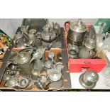 THREE BOXES OF PEWTER to include hollow wares, spirit kettle and trays etc