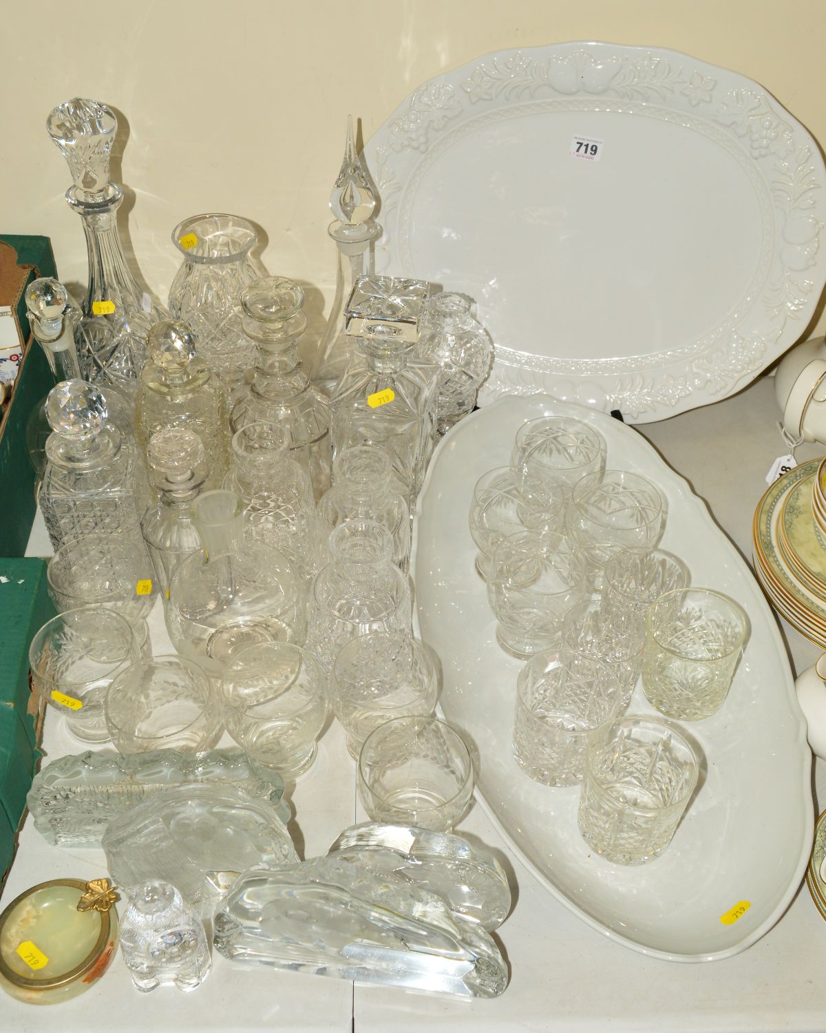 VARIOUS GLASS DECANTERS, CARAFES, PAPERWEIGHTS, ETC, to include ceramic meat platter and oval