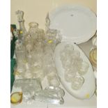 VARIOUS GLASS DECANTERS, CARAFES, PAPERWEIGHTS, ETC, to include ceramic meat platter and oval