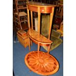 TWO SIMILAR BESPOKE HALF MOON TABLES, with parquetry multi specimen wood inlay top, a similar oval