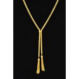 A LATE 20TH CENTURY 9CT GOLD HOLLOW ROPE TASSEL NECKLET, measuring approximately 460mm in length,