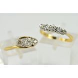 TWO DIAMOND RINGS, to include a five stone diamond half hoop, ring size M, a three stone diamond