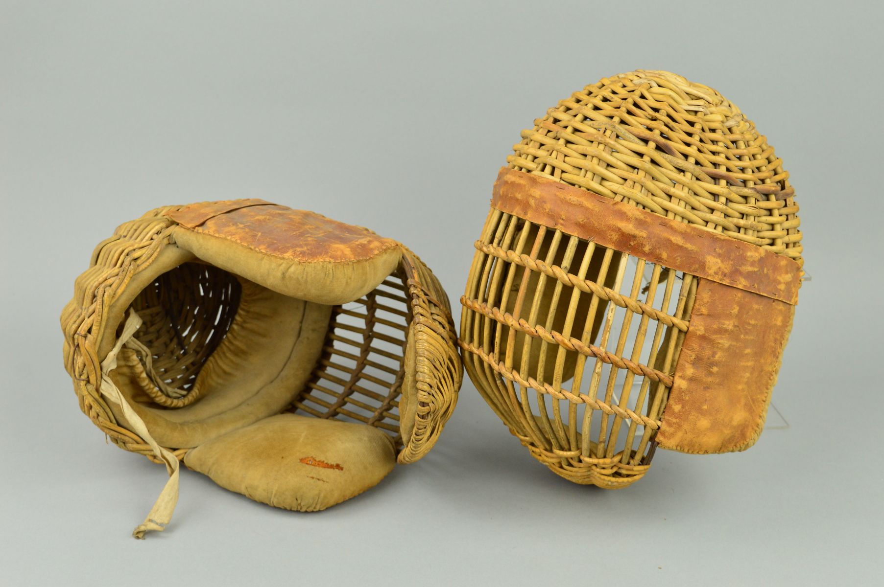 TWO LATE 19TH/EARLY 20TH CENTURY JAPANESE 'KENDO' FACEMASKS, constructed in wicker style, with - Image 2 of 4