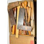 A COLLECTION OF WOODWORKING TOOLS, chisels etc, several by Addis of Sheffield, with a boxed