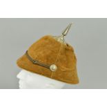 A WWI ERA IMPERIAL GERMAN PICKELAUBE STYLE HELMET, soft shell in suede with metal spike and oak
