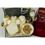 FOUR WATCHES, to include a Pierre Renoir ladies watch with gold head, with 9ct assay mark, two cased