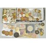 A SMALL TIN AND BOX OF MIXED WORLD COINS