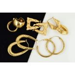 FIVE PAIRS OF HOOP EARRINGS, all of different designs some with hallmarks and marks to indicate