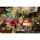 THREE BOXES AND LOOSE SUNDRIES, to include work box, cigarette cards, a pair of onyx bookends, a