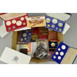 A BOX CONTAINING COINS AND MEDALS, to include 1966 proof set Australia boxed, Trinidad boxed