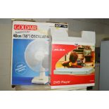 A BOXED ALBA DVD PLAYER, together with two boxed desk fans (3)