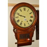 A VICTORIAN MAHOGANY DROP DIAL WALL CLOCK, 30cm dial diameter with Roman numerals