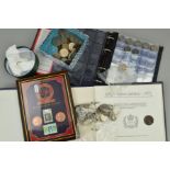 A BOX CONTAINING A SMALL ALBUM OF COINS, also loose UK coinage, with .925 and .500 silver coins,