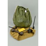 A HELMET BAG CONTAINING TWO SOCKET BAYONETS, a WWII era Polish Hand Grenade (inert) Limonka or '