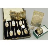 A CASED SET OF SIX GEORGE V SILVER GRAPEFRUIT SPOONS, Sheffield 1928, together with a silver baby'