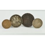 A PLAYERS NAVY CUT TIN CONTAINING A SMALL AMOUNT OF COINS, to include a 1853 Braided Hair large