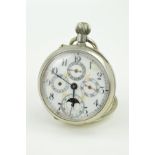 A CHRONOGRAPH POCKET WATCH, silver plated four dial, enamel face (slight damage to face, one hand