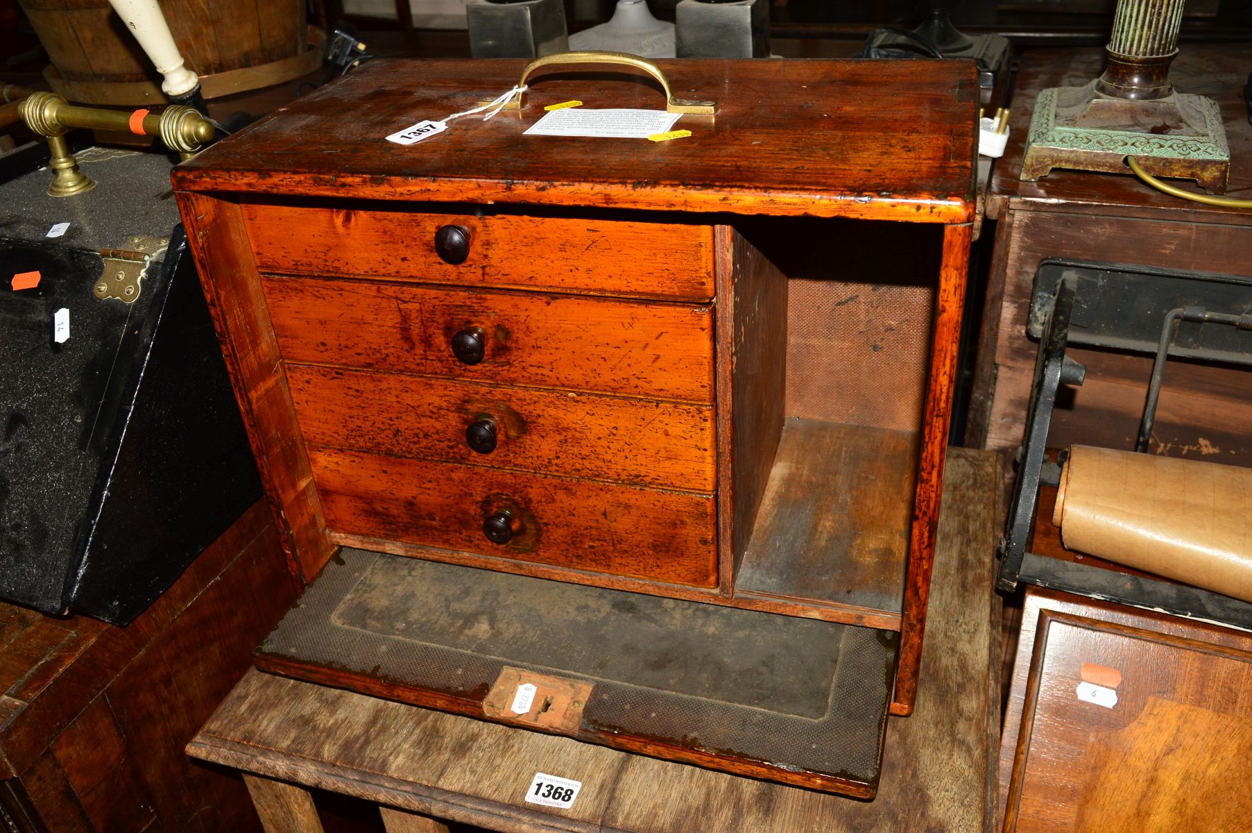 AN EARLY 20TH CENTURY OAK ENGINEERS CHEST, the fall front door revealing three drawers and an open