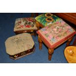 FOUR VARIOUS FOOTSTOOLS, with needlework upholstery