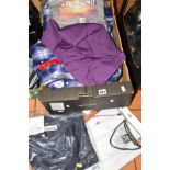 A BOX OF VARIOUS CLOTHING, HOODS ETC, to include B C Clothing checked ladies blouses,