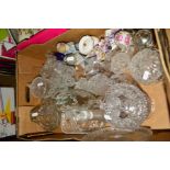 A BOX OF GLASS AND CERAMIC ITEMS, to include Nao figures, ornaments, novelty glass and dressing