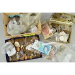 TWO BOXES AND A TIN OF COINS, COMMEMORATIVES COINS & BANKNOTES, etc