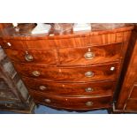 A GEORGIAN MAHOGANY BOWFRONT CHEST OF TWO SHORT AND THREE LONG DRAWERS, with brass handles on