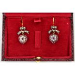 A PAIR OF RUBY, DIAMOND AND SPLIT PEARL DROP EARRINGS, each designed with a heart shape drop set