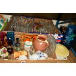 THREE BOXES AND LOOSE GLASS AND CERAMIC ITEMS, etc, to include a Whitefriars style bark vase,