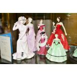 FIVE COALPORT FIGURINES, to include boxed limited edition 'The Ascot Lady' No52/750 wearing a