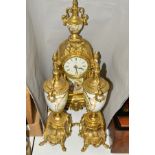 A MODERN GILT METAL CLOCK GARNITURE, with Roman numerals and clock face having 'Robert Grant of