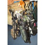 THREE VARIOUS GOLF BAGS, containing various clubs including Us Tour, Penn, Dunlop, etc and a