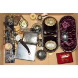 A BOX OF SILVER, PLATE, COLLECTABLES, WRISTWATCHES, etc, including a small silver capstan inkwell,