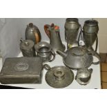 A SMALL GROUP OF PEWTER ITEMS, to include pair 'Rocket' shaped English pewter vases No0226, Tudric