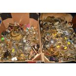 TWO BOXES OF COSTUME JEWELLERY, mainly for spares and repairs, many pieces broken, to include