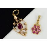 TWO RUBY PENDANTS, the first designed as a central oval ruby within an openwork scrolling and beaded