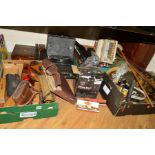 FOUR BOXES AND LOOSE SUNDRY ITEMS, to include two boxed M.Honer Echo-Luxe harmonicas, walking