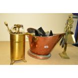 A COPPER AND BRASS COAL SCUTTLE, together with two fireside companion sets, etc
