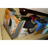 TWO BOXES OF ELECTRIC ITEMS, to include a cased camping satelite, digital camcorder, stereo, small