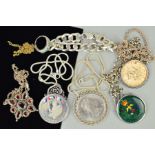 A SELECTION OF SILVER AND WHITE METAL JEWELLERY, to include four coin pendants, various chains, a