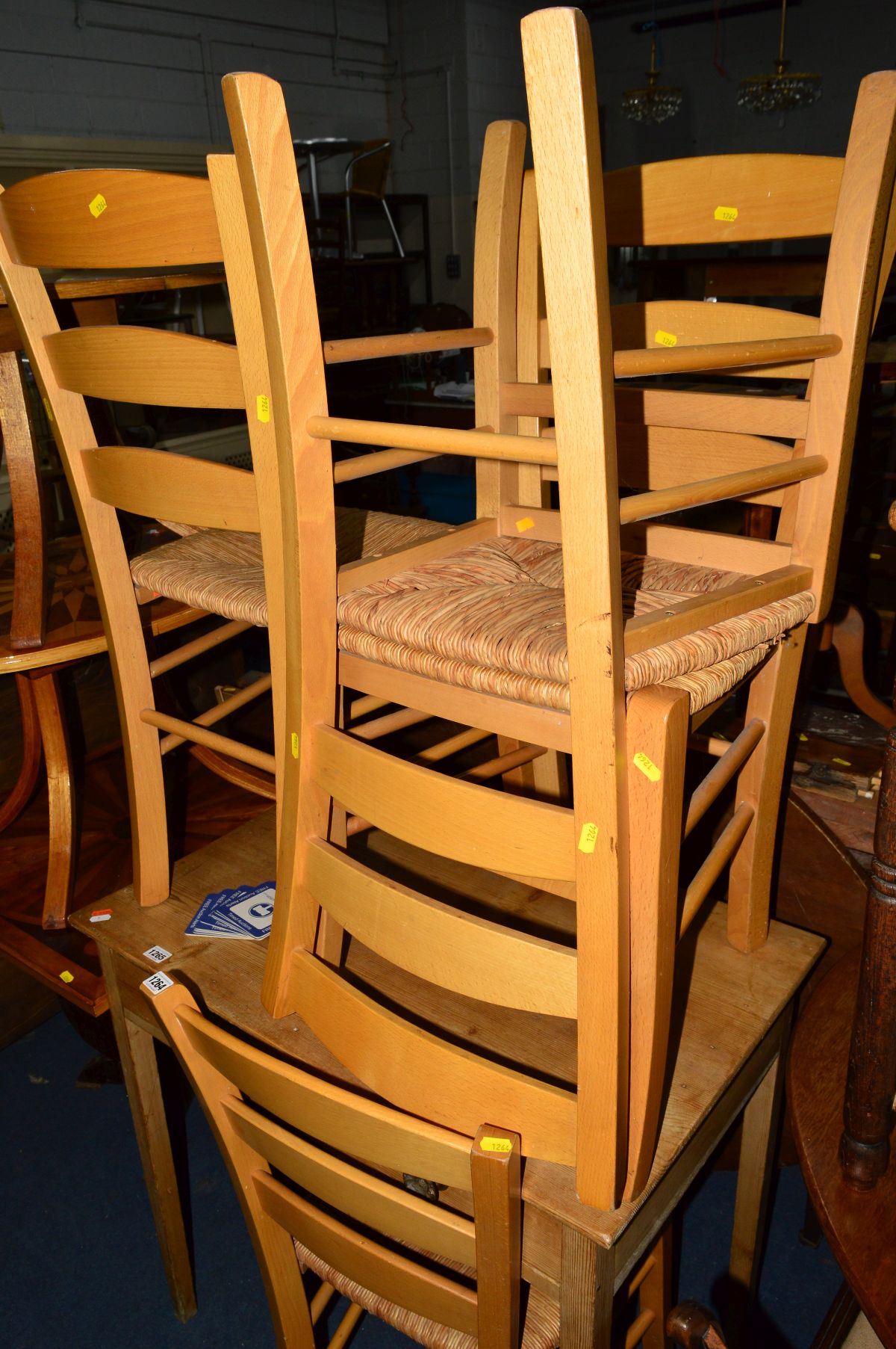 A SET OF FOUR BEECH RUSH SEATED DINING CHAIRS, (4)